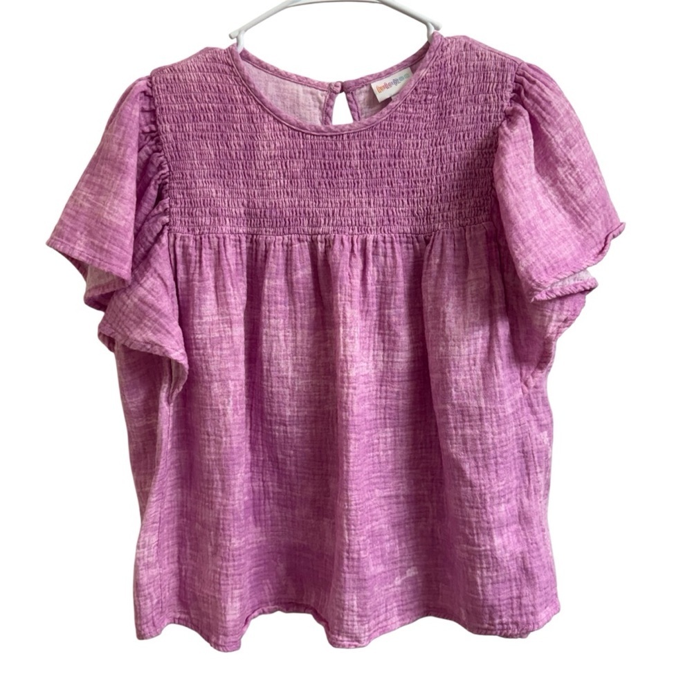 Lularoe Maddy Womens Size L Purple Tie Dye Gauze Flutter Sleeve Smocked Top